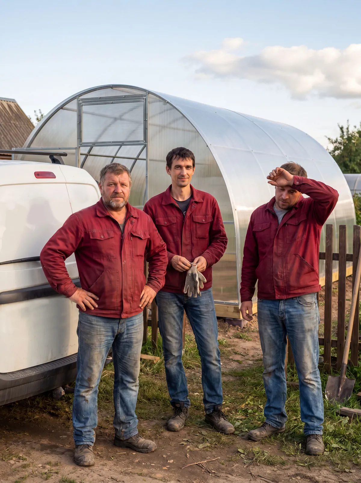 Бригада у установленной теплицы